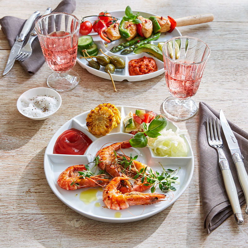 �beraus robuste Hartporzellan Fondueteller mit Saucen- und Beilagef�chern
