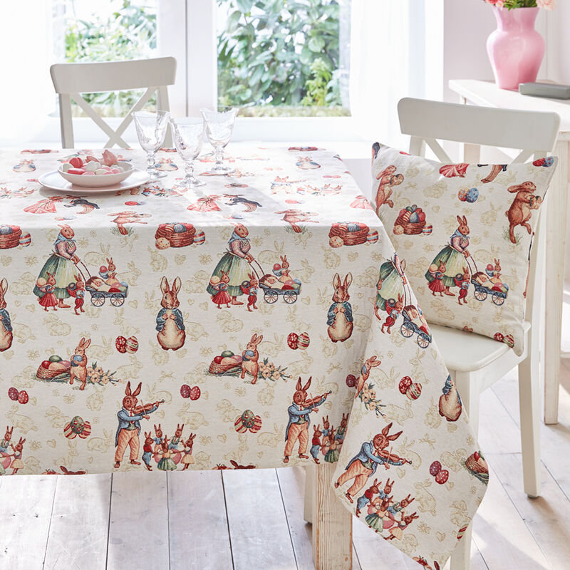 Fr�hlingshafte Tischdecke mit niedlichem Hasen-Gru�