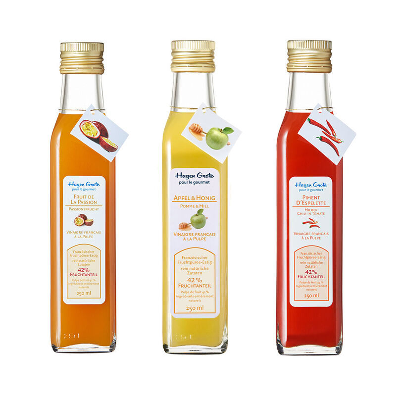 3-tlg. Set: Franz�sischer Fruchtp�ree-Essig Passionsfrucht, Piment d�Espelette,Apfel-Honig
