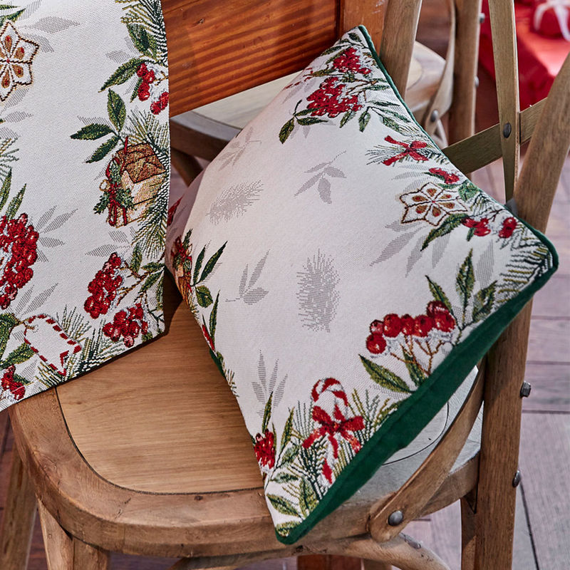 Kissen: Jacquardgewebte Gobelin-Tischw�sche mit vertr�umten Beerenmotiven