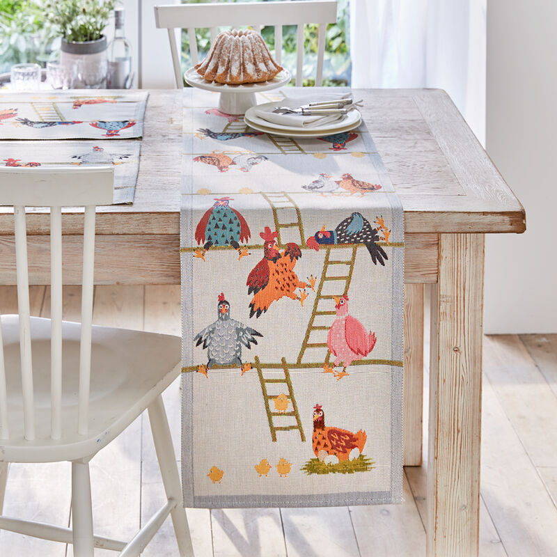 Fr�hliche, schwedische H�hnerhaus-Jacquard-Tischw�sche aus Traditionsweberei