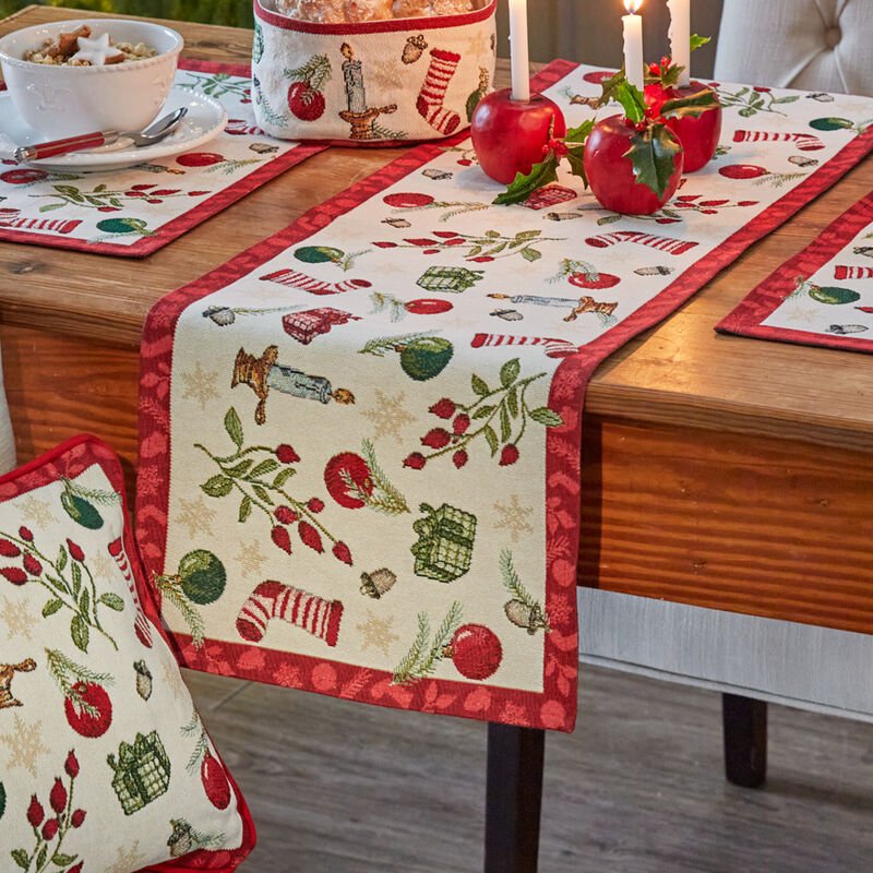 Feiner Gobelin-Tischl�ufer mit klassischen Christbaumschmuck-Motiven