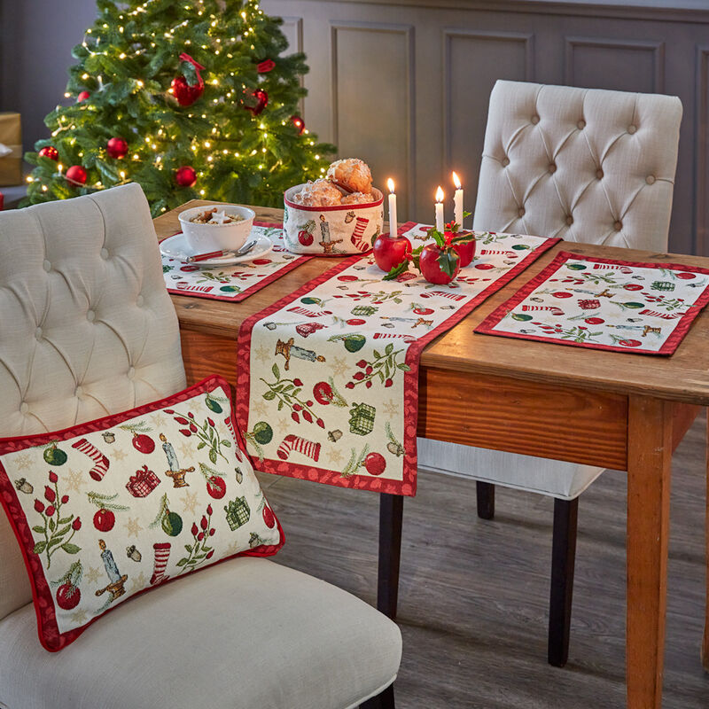  Feiner Gobelin-Tischl�ufer mit klassischen Christbaumschmuck-Motiven Bild 2