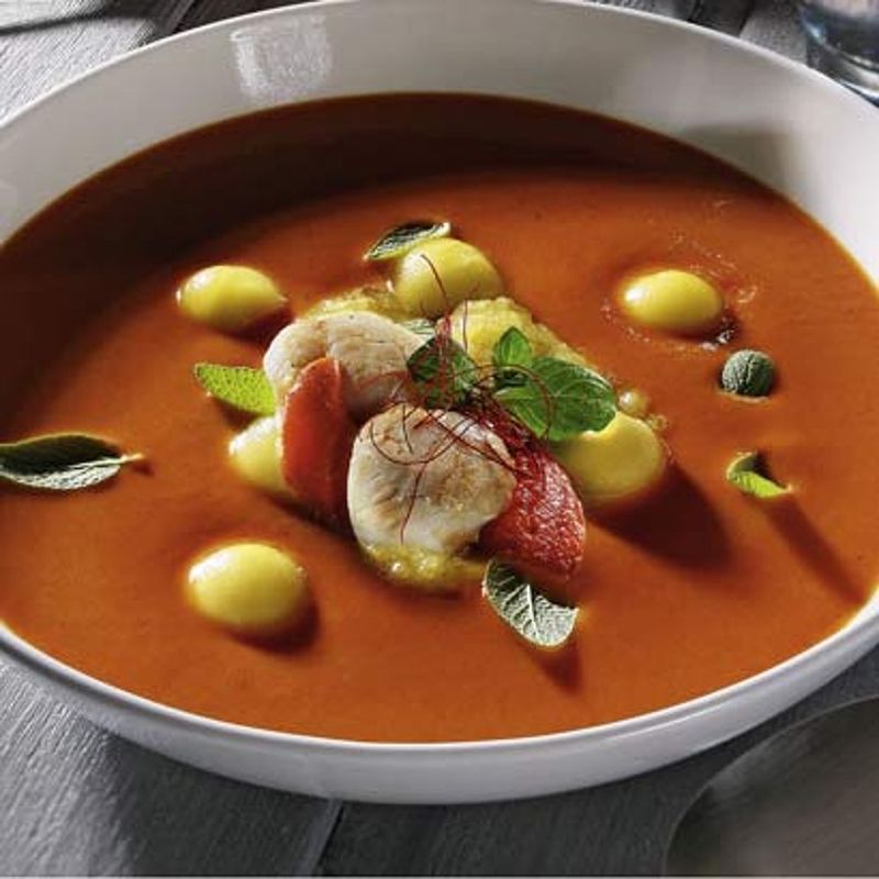 Kaltes Paprika-Mango-S�ppchen mit marinierten Jakobsmuscheln